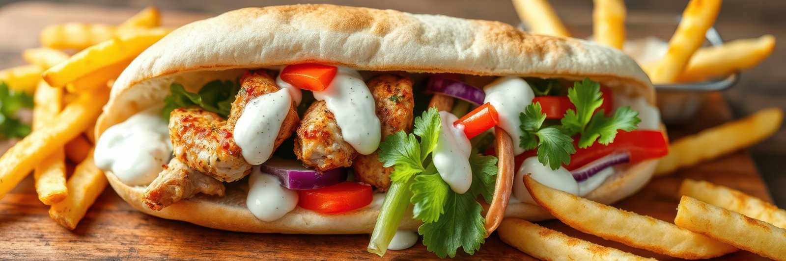 Delicious sandwich filled with grilled chicken, fresh vegetables, and fries served on a wooden board